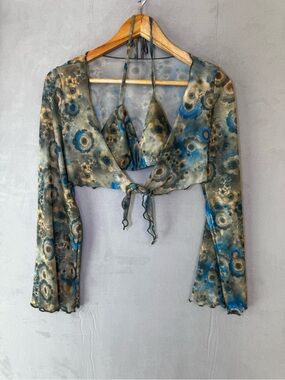 Cider Mesh Crop Top XS Floral Halter Bralette Bell Sleeve Y2K Indie Sleaze